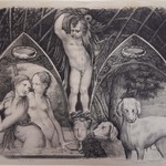 Luigi Vigotti (Piacenza, 1804 – Parma, 1861), Mýtus o Aktaiónovi -  scéna vyobrazující dvě nymfy se dvěma psy, litografie, 321 x 426 mm, Parma, sbírka umění nadace “Fondazione Cariparma.” 