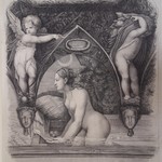 Luigi Vigotti (Piacenza, 1804 – Parma, 1861), Mýtus o Aktaiónovi -  scéna zobrazující Dianu  v lázni,    litografie, 380 x 329 mm, Parma, sbírka umění nadace “Fondazione Cariparma.”