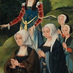 Joos van Cleve, Sv. Lucie s donátorkou a třemi dcerami, levé křídlo Oltáře s Klaněním pastýřů, termpera na dubovém dřevě; Sbírky Pražského hradu, HS 258b; © Správa Pražského hradu