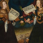 Lucas Cranach st., Sv. Kateřina, sv. Barbora a fragmenty postav sv. Doroty a sv. Markéty, dochovaná část tzv. Pražského oltáře, smíšená technika na lipovém dřevě; Sbírky Pražského hradu, HS 266; © Správa Pražského hradu